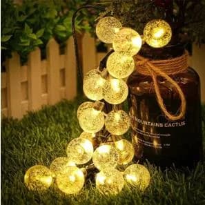 Dây đèn quả cầu pha lê năng lượng mặt trời, ánh sáng trắng ấm chống nước
