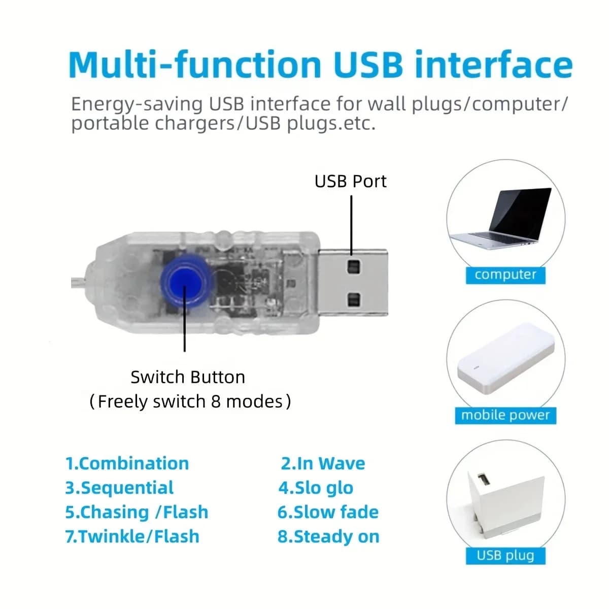 Dây đèn thác nước USB, Trang trí LED trắng ấm và đa màu